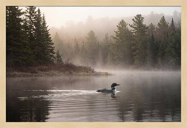 Loon Swimming On Misty Morning Lake