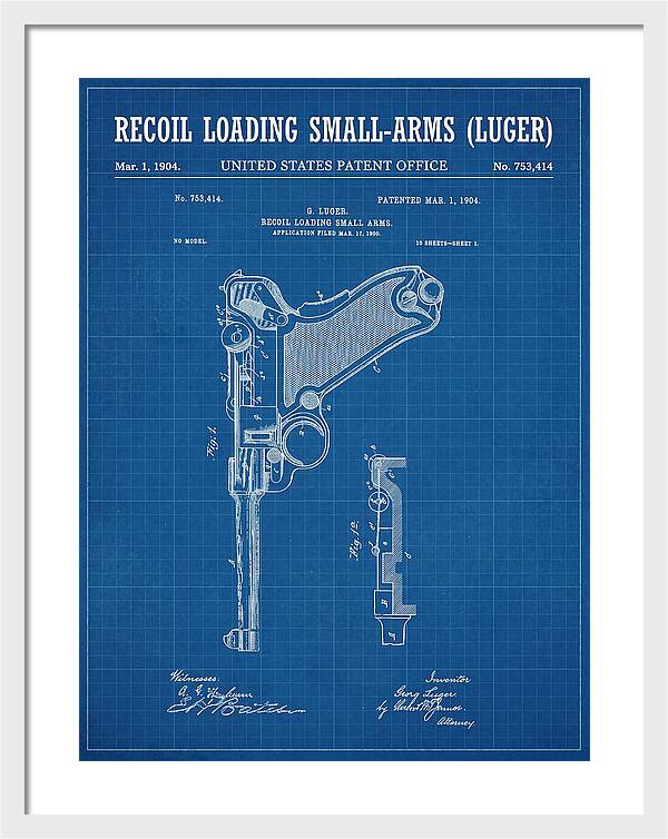 Luger Pistol Recoil Mechanism Blueprint Patent Us753414