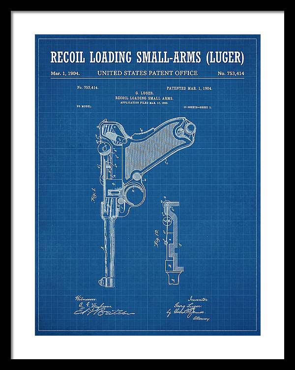 Luger Pistol Recoil Mechanism Blueprint Patent Us753414