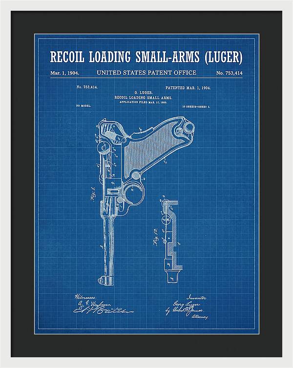 Luger Pistol Recoil Mechanism Blueprint Patent Us753414