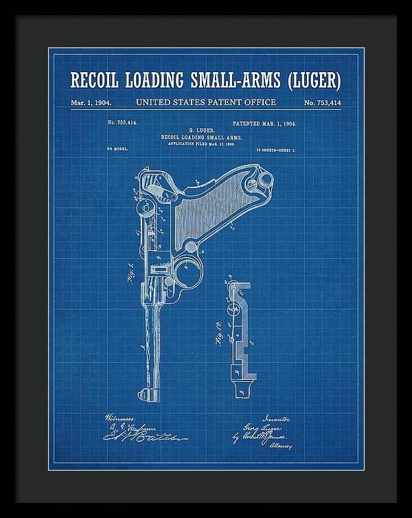 Luger Pistol Recoil Mechanism Blueprint Patent Us753414
