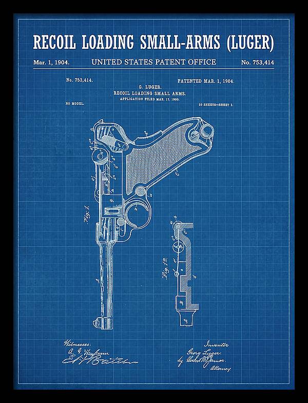 Luger Pistol Recoil Mechanism Blueprint Patent Us753414