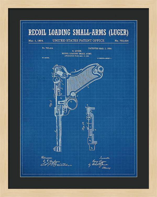 Luger Pistol Recoil Mechanism Blueprint Patent Us753414