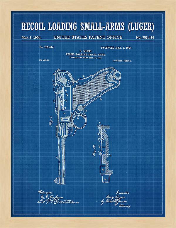 Luger Pistol Recoil Mechanism Blueprint Patent Us753414