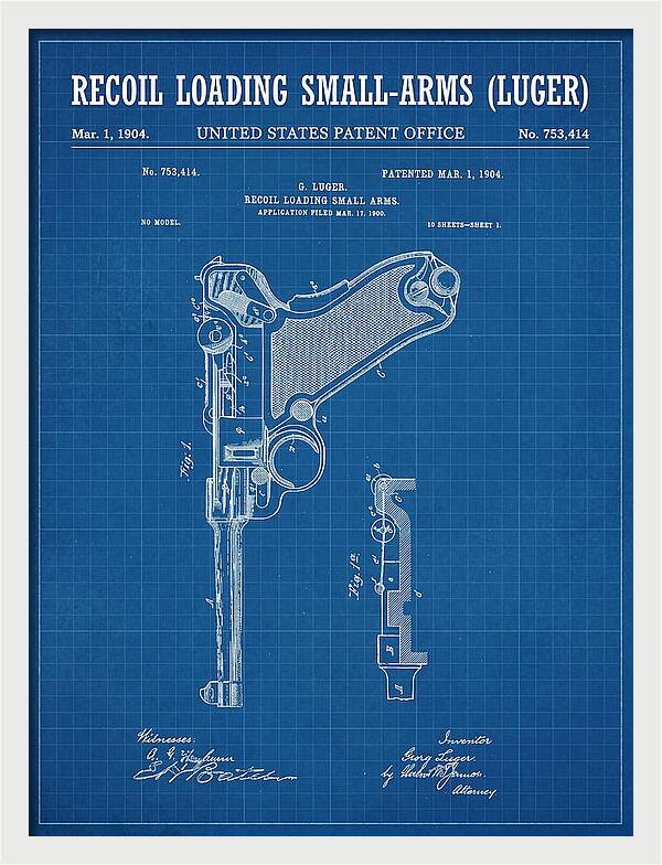 Luger Pistol Recoil Mechanism Blueprint Patent Us753414