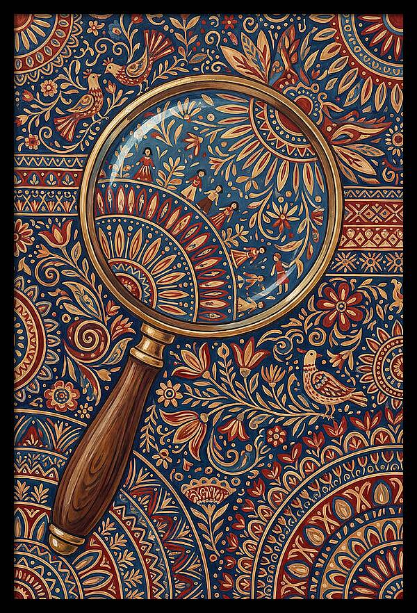 Magnifying Glass Over Folk Patterns