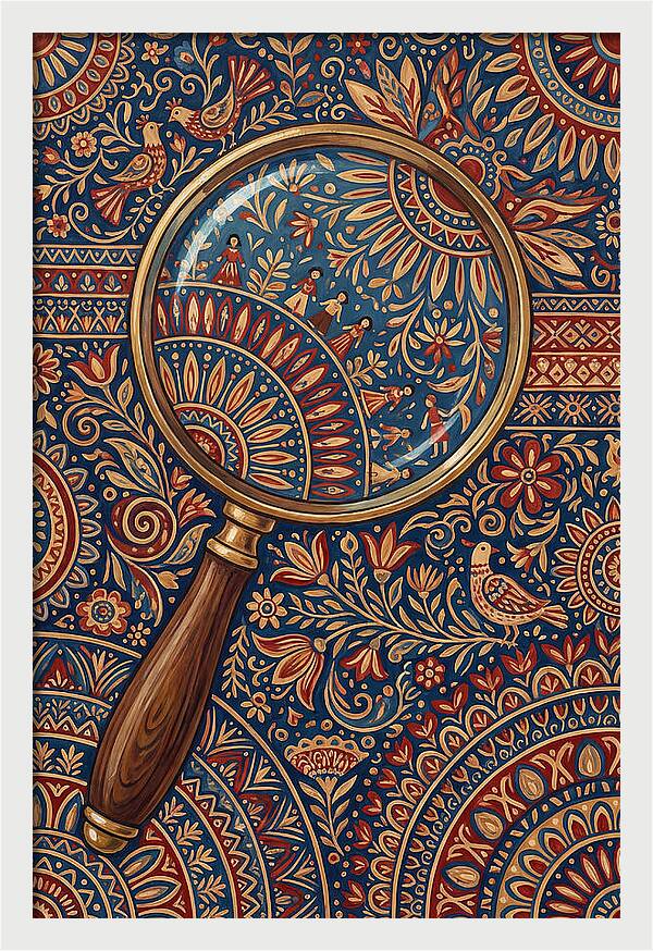 Magnifying Glass Over Folk Patterns