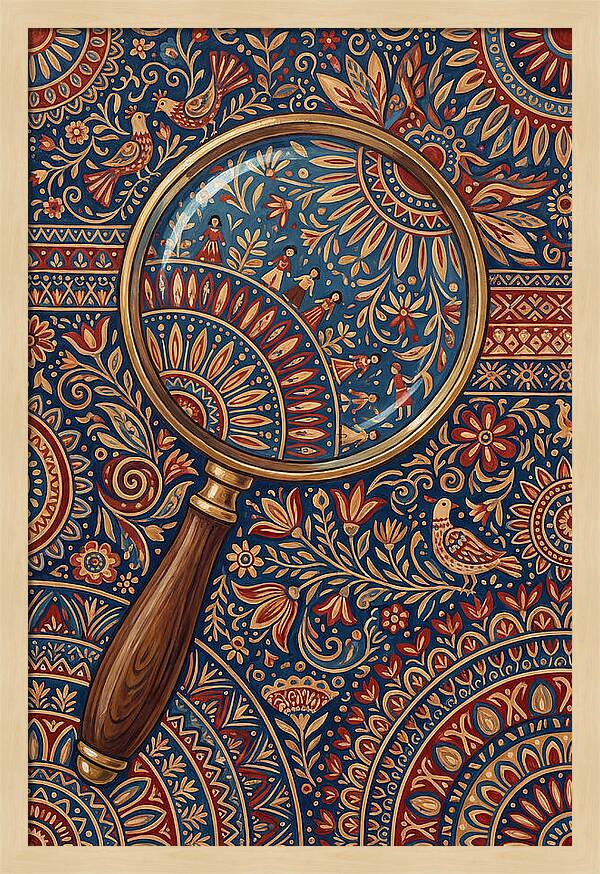 Magnifying Glass Over Folk Patterns