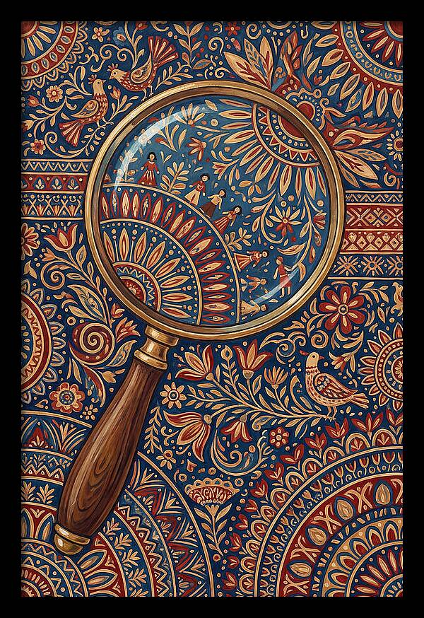 Magnifying Glass Over Folk Patterns