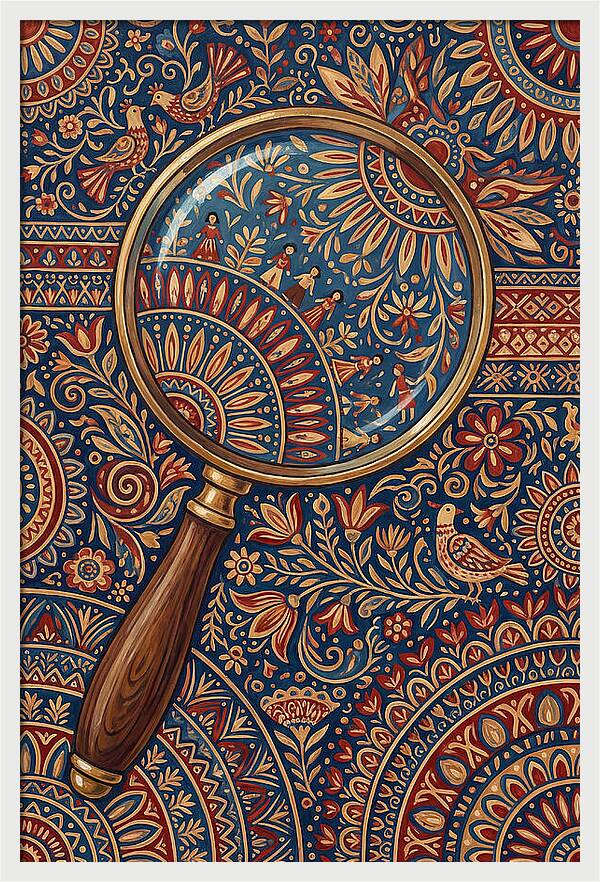 Magnifying Glass Over Folk Patterns