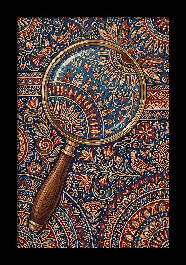 Magnifying Glass Over Folk Patterns