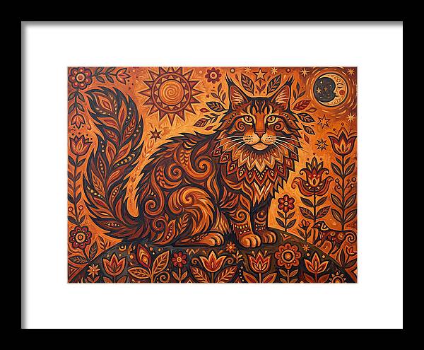 Maine Coon Cat In Folk Art Style