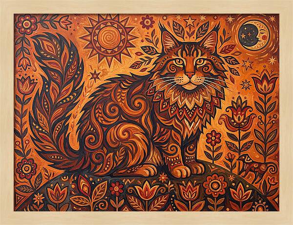Maine Coon Cat In Folk Art Style