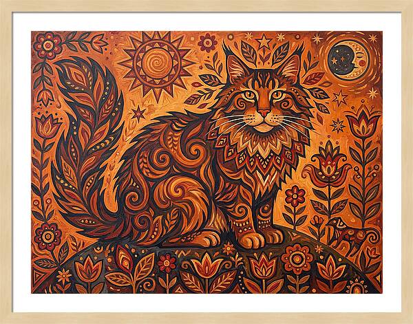 Maine Coon Cat In Folk Art Style