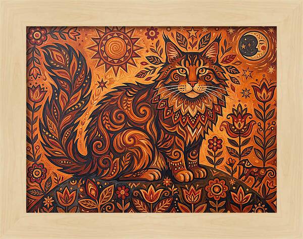 Maine Coon Cat In Folk Art Style