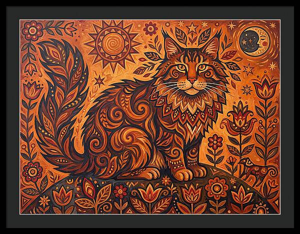 Maine Coon Cat In Folk Art Style