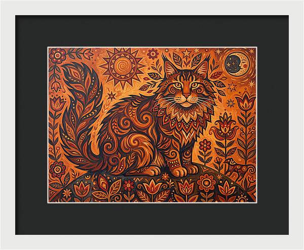 Maine Coon Cat In Folk Art Style