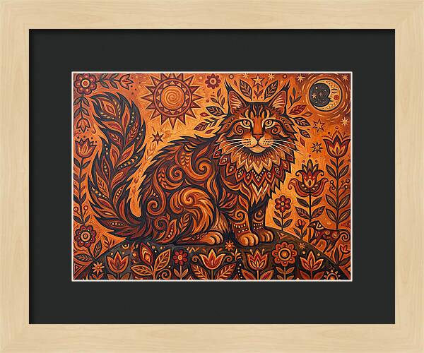Maine Coon Cat In Folk Art Style