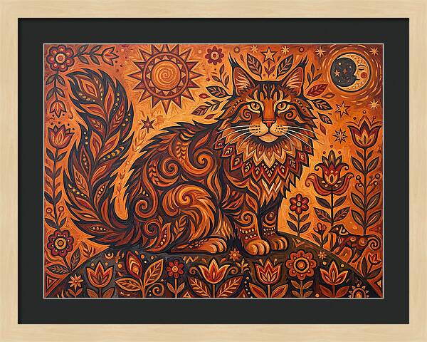 Maine Coon Cat In Folk Art Style