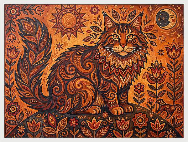 Maine Coon Cat In Folk Art Style