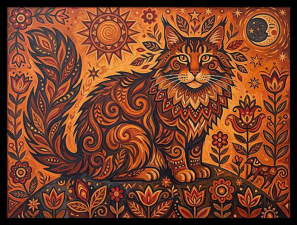 Maine Coon Cat In Folk Art Style