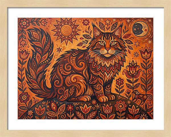 Maine Coon Cat In Folk Art Style