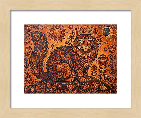 Maine Coon Cat In Folk Art Style