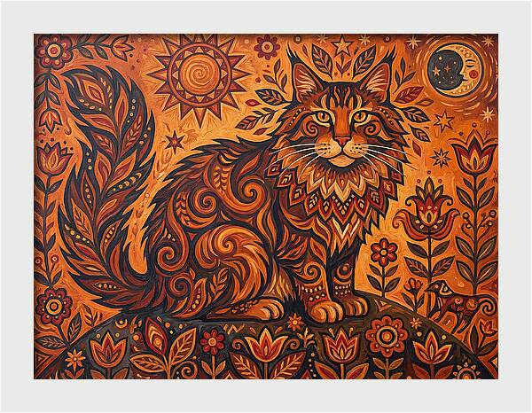 Maine Coon Cat In Folk Art Style