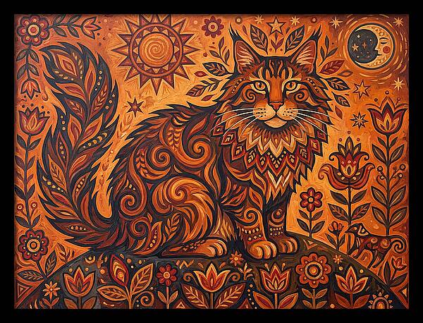 Maine Coon Cat In Folk Art Style