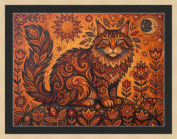 Maine Coon Cat In Folk Art Style