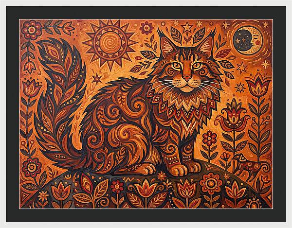 Maine Coon Cat In Folk Art Style