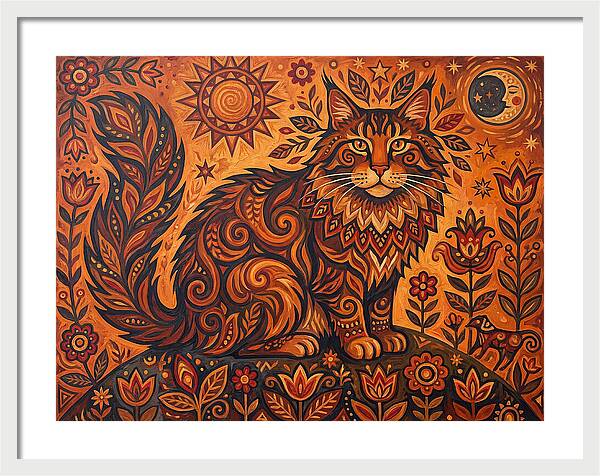 Maine Coon Cat In Folk Art Style