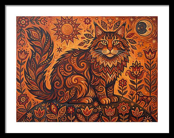 Maine Coon Cat In Folk Art Style