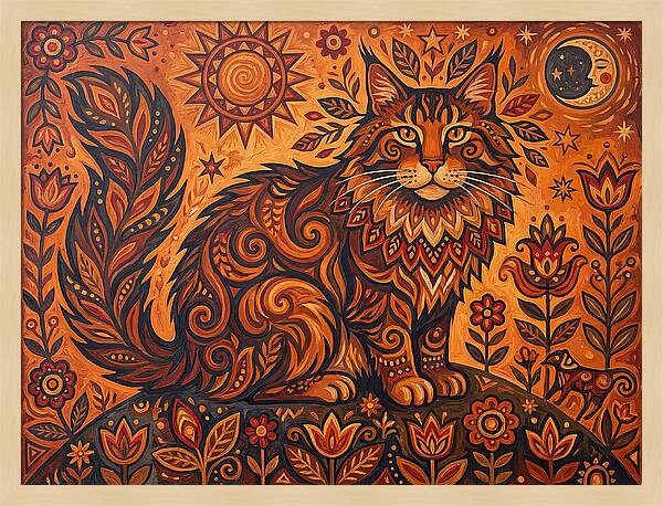 Maine Coon Cat In Folk Art Style