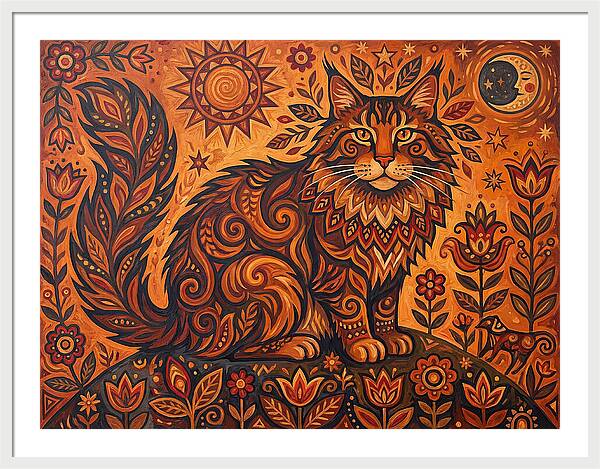 Maine Coon Cat In Folk Art Style