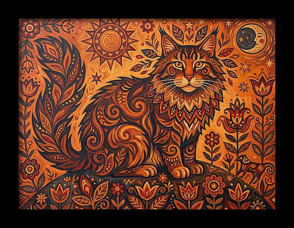 Maine Coon Cat In Folk Art Style