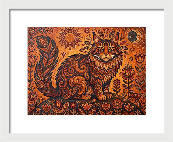 Maine Coon Cat In Folk Art Style