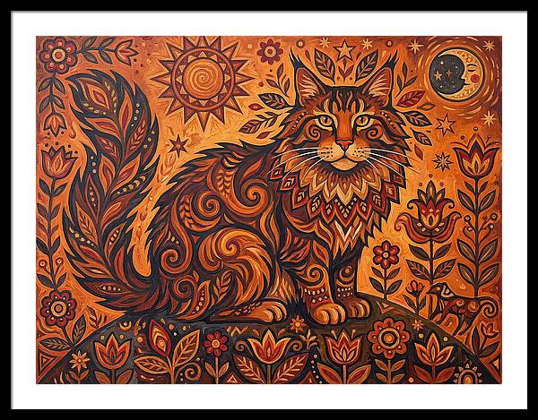 Maine Coon Cat In Folk Art Style