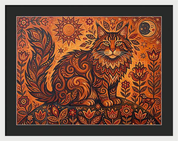 Maine Coon Cat In Folk Art Style