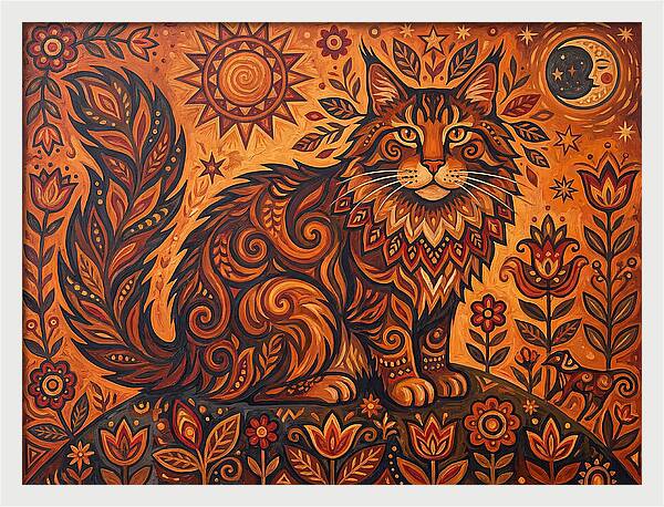 Maine Coon Cat In Folk Art Style