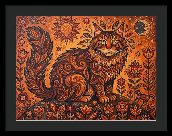 Maine Coon Cat In Folk Art Style