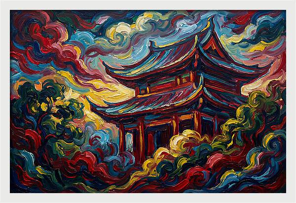 Majestic Temple Amidst Swirling Clouds