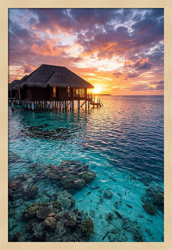 Maldivian Overwater Bungalow At Dusk
