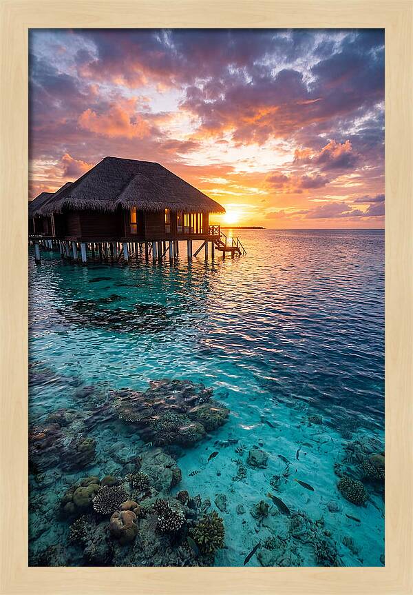 Maldivian Overwater Bungalow At Dusk