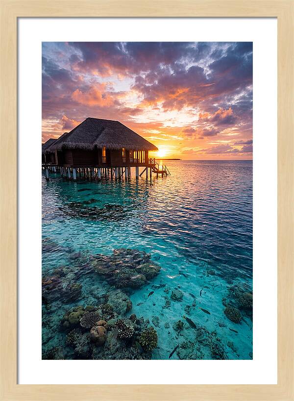 Maldivian Overwater Bungalow At Dusk