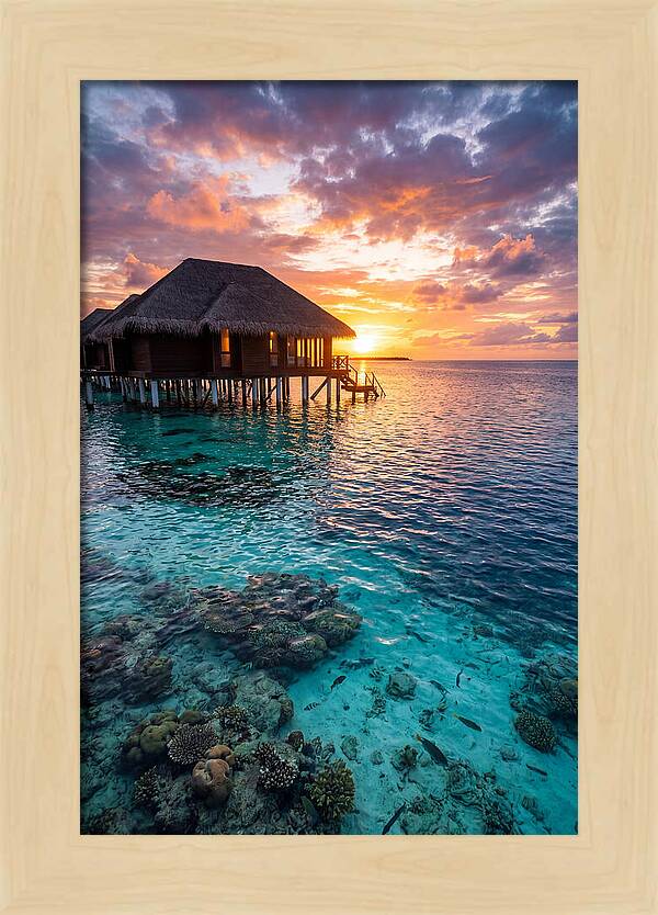 Maldivian Overwater Bungalow At Dusk
