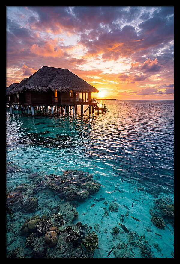 Maldivian Overwater Bungalow At Dusk