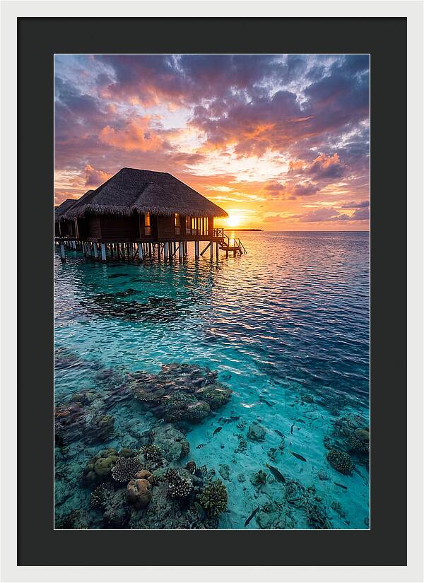 Maldivian Overwater Bungalow At Dusk