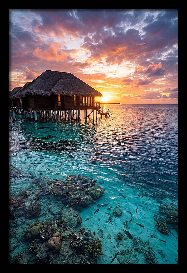Maldivian Overwater Bungalow At Dusk