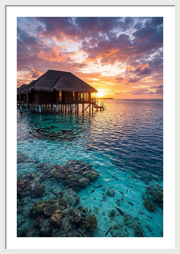Maldivian Overwater Bungalow At Dusk